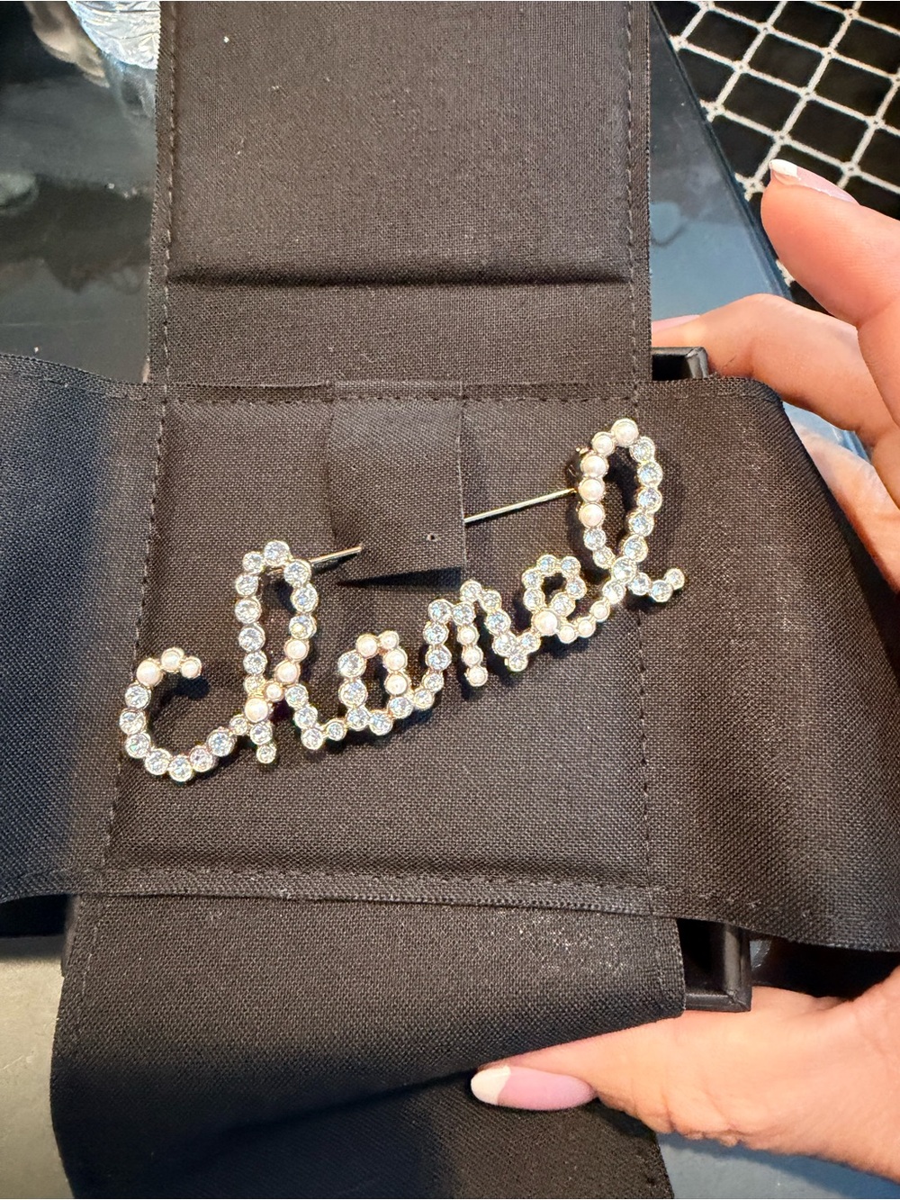 CHANEL Logo Brooch with Clear Crystals & Pearls